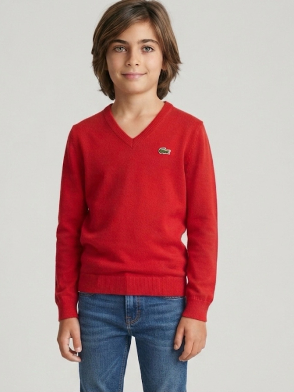 Lacoste - Youth Boys red V-neck 100% cotton sweater long sleeves size‎ 12